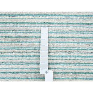 9'1"x12' Ivory with Turquoise Modern Design Plain Hand Loomed Natural Wool Oriental Rug FWR378252