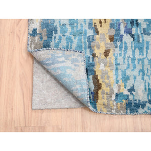 2'7"x19'7" Blue With A Mix Of Gold Mosaic Design Wool and Silk Hand Knotted Persian Knot Oriental XL Runner Rug FWR378348