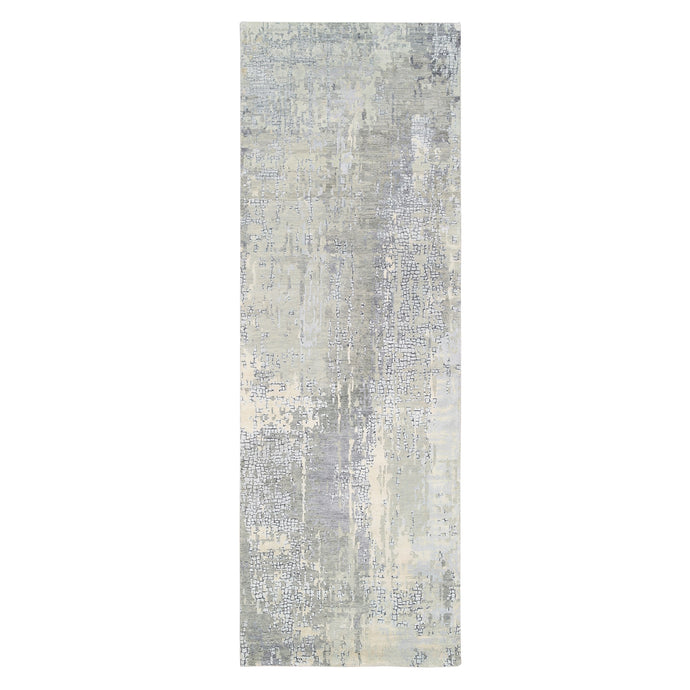 4'x12' Hand Knotted Abstract with Mosaic Design Gray Wool and Silk Persian Knot Oriental Runner Rug FWR378366