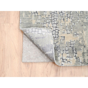 4'x12' Hand Knotted Abstract with Mosaic Design Gray Wool and Silk Persian Knot Oriental Runner Rug FWR378366