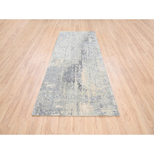 4'1"x9'9" Wool and Silk Abstract with Mosaic Design Gray Hand Knotted Persian Knot Oriental Runner Rug FWR378372