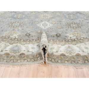 12'x12' Frost Gray Karajeh and Geometric Design Organic Wool Hand Knotted Oriental Round Rug FWR378414