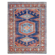 Load image into Gallery viewer, 9&#39;1&quot;x12&#39; Organic Wool Persian Viss Design Hand Knotted Denim Blue with Pop of Red Oriental Rug FWR378600