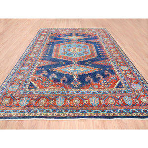 9'1"x12' Organic Wool Persian Viss Design Hand Knotted Denim Blue with Pop of Red Oriental Rug FWR378600