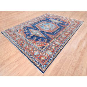 9'1"x12' Organic Wool Persian Viss Design Hand Knotted Denim Blue with Pop of Red Oriental Rug FWR378600