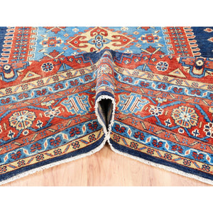 9'1"x12' Organic Wool Persian Viss Design Hand Knotted Denim Blue with Pop of Red Oriental Rug FWR378600