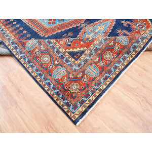 9'1"x12' Organic Wool Persian Viss Design Hand Knotted Denim Blue with Pop of Red Oriental Rug FWR378600