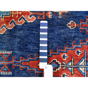 9'1"x12' Organic Wool Persian Viss Design Hand Knotted Denim Blue with Pop of Red Oriental Rug FWR378600