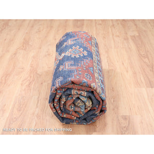 9'1"x12' Organic Wool Persian Viss Design Hand Knotted Denim Blue with Pop of Red Oriental Rug FWR378600