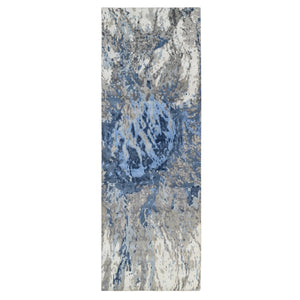 4'x11'9" Ivory Abstract Design Hi-low Pile Wool and Plant Based Silk Hand Knotted Oriental Wide Runner Rug FWR379092