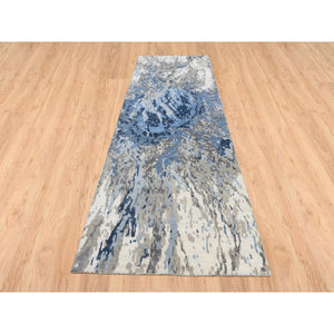 4'x11'9" Ivory Abstract Design Hi-low Pile Wool and Plant Based Silk Hand Knotted Oriental Wide Runner Rug FWR379092
