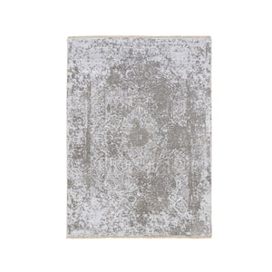 4'2"x6' Broken Persian Design Wool and Pure Silk Hand Knotted Ivory Oriental Rug FWR379098