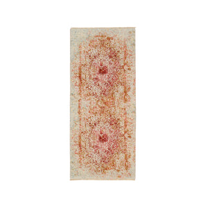 2'6"x6' Ivory Persian Erased Medallion Design Wool and Pure Silk Hand Knotted Oriental Runner Rug FWR379116