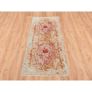 2'6"x6' Ivory Persian Erased Medallion Design Wool and Pure Silk Hand Knotted Oriental Runner Rug FWR379116