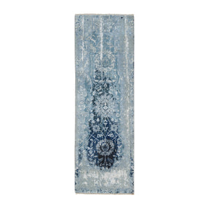 2'7"x8' Blue-Teal Persian Tabriz Broken Design Wool and Silk Hand Knotted Oriental Runner Rug FWR379146