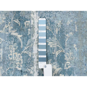 2'7"x8' Blue-Teal Persian Tabriz Broken Design Wool and Silk Hand Knotted Oriental Runner Rug FWR379146