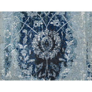2'7"x8' Blue-Teal Persian Tabriz Broken Design Wool and Silk Hand Knotted Oriental Runner Rug FWR379146