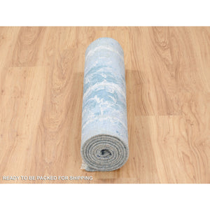 2'7"x8' Blue-Teal Persian Tabriz Broken Design Wool and Silk Hand Knotted Oriental Runner Rug FWR379146