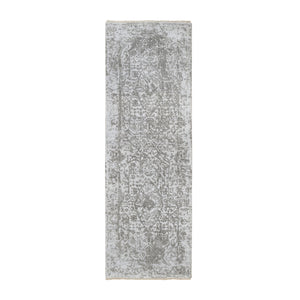 2'7"x7'9" Wool and Pure Silk Hand Knotted Gray Broken Persian Design Oriental Runner Rug FWR379176