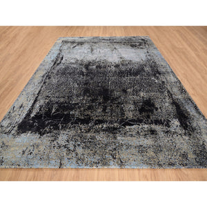 8'10"x12' Black and Gray Wool and Silk Hi-Low Pile Modern Hand Knotted Painter's Palette Oriental Rug FWR379212