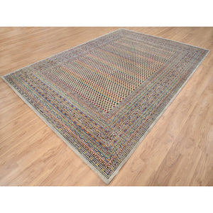 8'8"x12'2" Hand Knotted Beige Sarouk Mir Inspired With Repetitive Boteh Design Colorful Wool And Sari Silk Oriental Rug FWR379236