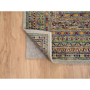 8'8"x12'2" Hand Knotted Beige Sarouk Mir Inspired With Repetitive Boteh Design Colorful Wool And Sari Silk Oriental Rug FWR379236