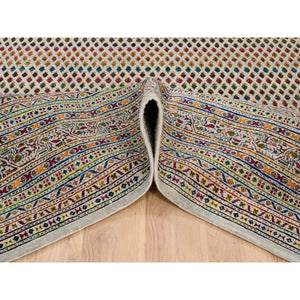 8'8"x12'2" Hand Knotted Beige Sarouk Mir Inspired With Repetitive Boteh Design Colorful Wool And Sari Silk Oriental Rug FWR379236