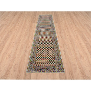 2'5"x12' Beige Sarouk Mir Inspired With Repetitive Boteh Design Colorful Wool And Sari Silk Hand Knotted Oriental Runner Rug FWR379308