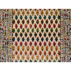 2'5"x12' Beige Sarouk Mir Inspired With Repetitive Boteh Design Colorful Wool And Sari Silk Hand Knotted Oriental Runner Rug FWR379308
