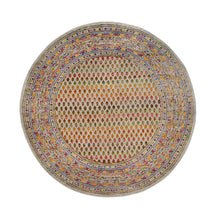 Load image into Gallery viewer, 5&#39;2&quot;x5&#39;2&quot; Colorful Wool And Sari Silk Hand Knotted Beige Sarouk Mir Inspired With Repetitive Boteh Design Oriental Round Rug FWR379326