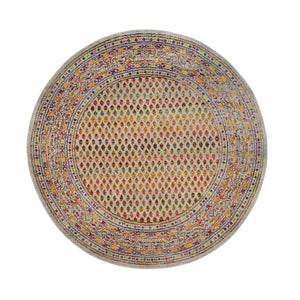 5'2"x5'2" Colorful Wool And Sari Silk Hand Knotted Beige Sarouk Mir Inspired With Repetitive Boteh Design Oriental Round Rug FWR379326