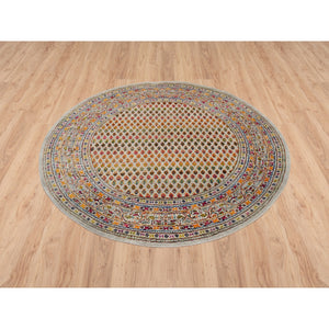 5'2"x5'2" Colorful Wool And Sari Silk Hand Knotted Beige Sarouk Mir Inspired With Repetitive Boteh Design Oriental Round Rug FWR379326