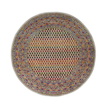 Load image into Gallery viewer, 5&#39;x5&#39; Beige Sarouk Mir Inspired With Repetitive Boteh Design Colorful Wool And Sari Silk Hand Knotted Oriental Round Rug FWR379332
