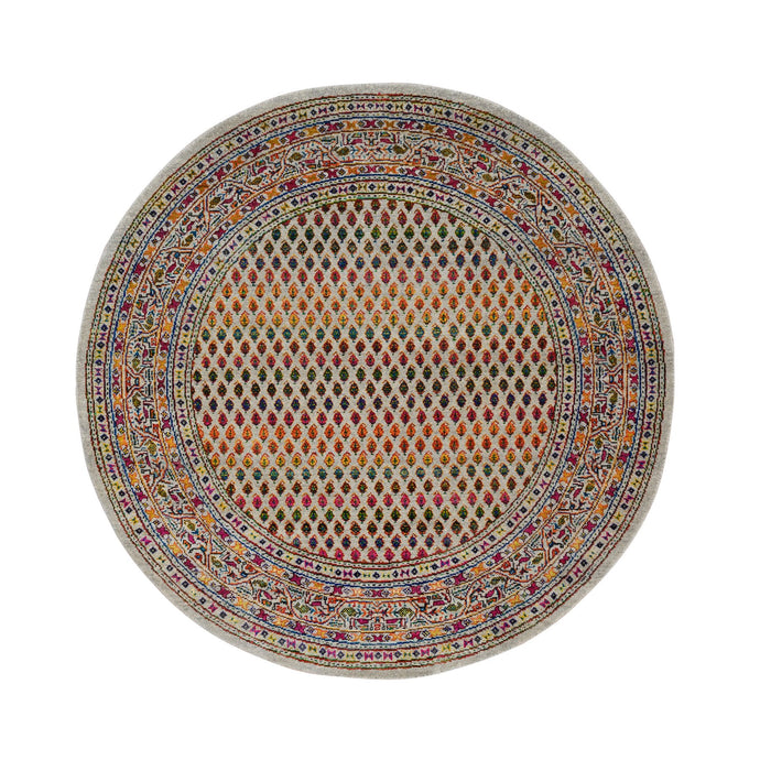 5'x5' Beige Sarouk Mir Inspired With Repetitive Boteh Design Colorful Wool And Sari Silk Hand Knotted Oriental Round Rug FWR379332