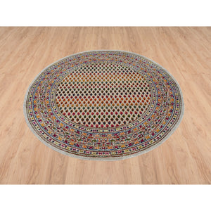 5'x5' Beige Sarouk Mir Inspired With Repetitive Boteh Design Colorful Wool And Sari Silk Hand Knotted Oriental Round Rug FWR379332
