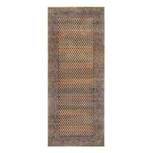 Load image into Gallery viewer, 4&#39;x10&#39; Hand Knotted Beige Sarouk Mir Inspired With Repetitive Boteh Design Colorful Wool And Sari Silk Oriental Wide Runner Rug FWR379350