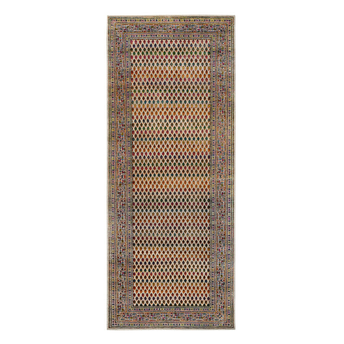4'x10' Hand Knotted Beige Sarouk Mir Inspired With Repetitive Boteh Design Colorful Wool And Sari Silk Oriental Wide Runner Rug FWR379350