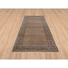 Load image into Gallery viewer, 4&#39;x10&#39; Hand Knotted Beige Sarouk Mir Inspired With Repetitive Boteh Design Colorful Wool And Sari Silk Oriental Wide Runner Rug FWR379350