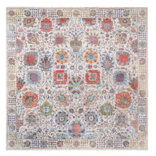 Load image into Gallery viewer, 10&quot;1&quot;x10&#39;1&quot; Hand Knotted Ivory Tabriz Vase With Flower Design Colorful Silk With Textured Wool Oriental Square Rug FWR379386