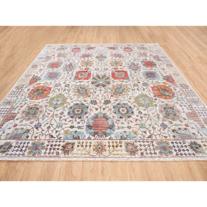 10"1"x10'1" Hand Knotted Ivory Tabriz Vase With Flower Design Colorful Silk With Textured Wool Oriental Square Rug FWR379386