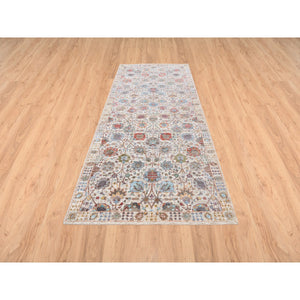 4'1"x10'3" Ivory Tabriz Vase With Flower Design Colorful Silk With Textured Wool Hand Knotted Oriental Runner Rug FWR379470