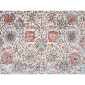 4'1"x10'3" Ivory Tabriz Vase With Flower Design Colorful Silk With Textured Wool Hand Knotted Oriental Runner Rug FWR379470