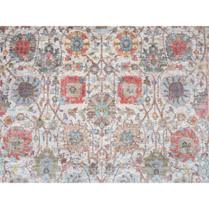 4'1"x10'3" Ivory Tabriz Vase With Flower Design Colorful Silk With Textured Wool Hand Knotted Oriental Runner Rug FWR379470