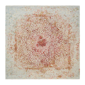 10'1"x10'1" Wool and Pure Silk Hand Knotted Ivory Persian Erased Medallion Design Oriental Square Rug FWR379518
