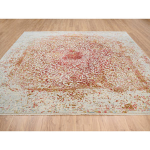10'1"x10'1" Wool and Pure Silk Hand Knotted Ivory Persian Erased Medallion Design Oriental Square Rug FWR379518