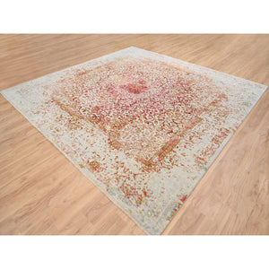 10'1"x10'1" Wool and Pure Silk Hand Knotted Ivory Persian Erased Medallion Design Oriental Square Rug FWR379518