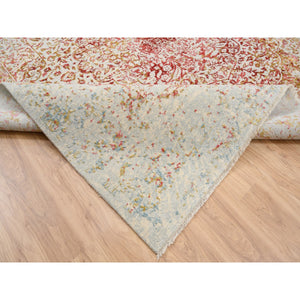 10'1"x10'1" Wool and Pure Silk Hand Knotted Ivory Persian Erased Medallion Design Oriental Square Rug FWR379518