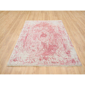 5'1"x7' Ivory Broken Persian Design Wool and Pure Silk Hand Knotted Oriental Rug FWR379554