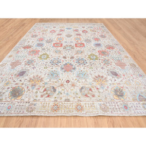 11'9"x15' Ivory Tabriz Vase With Flower Design Colorful Silk With Textured Wool Hand Knotted Oriental Oversized Rug FWR379644