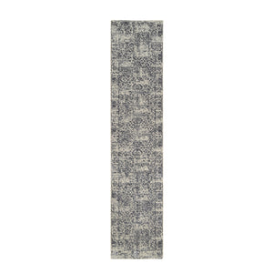 2'7"x12'2" Wool and Art Silk Hand Loomed Light Gray Fine Jacquard with Erased Design Oriental Runner Rug FWR379662